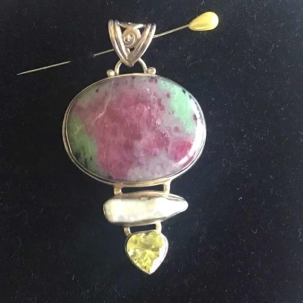 SS Ruby Zoisite, Biwa Pearl, Lemon Quartz Pendant